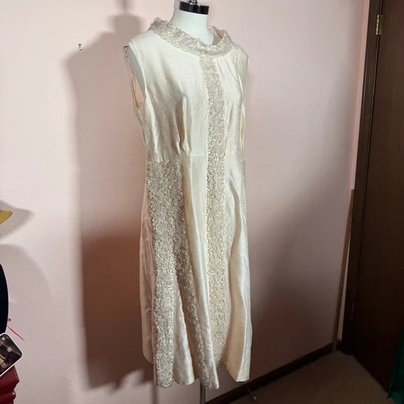 Art deco 1920 1940 Antique white beaded Sleeveless Formal midi flapper Dress - Picture 14 of 16